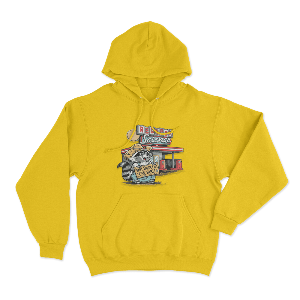 Will Work For Car Parts Racoon Unisex Hoodie Yellow Will Work For Car Parts Racoon Unisex Hoodie Yellow
